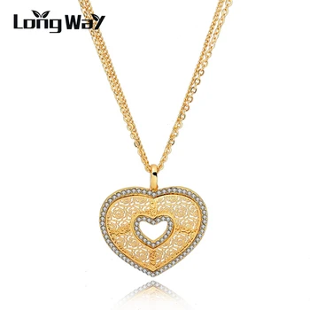 LongWay Amor Marca a Longo Cor de Ouro Chian Colares Com Pingentes de Cristal Para as Mulheres com um Coração Novo Design Melhor Presente SNE150885103